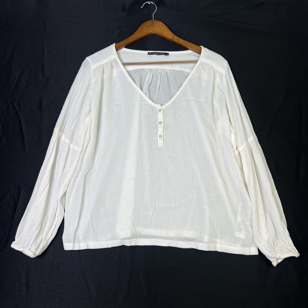 Abercrombie & Fitch‎ Tunic Top White Boho Lagenlook V Neck Button Blouse Size L - Picture 2 of 8